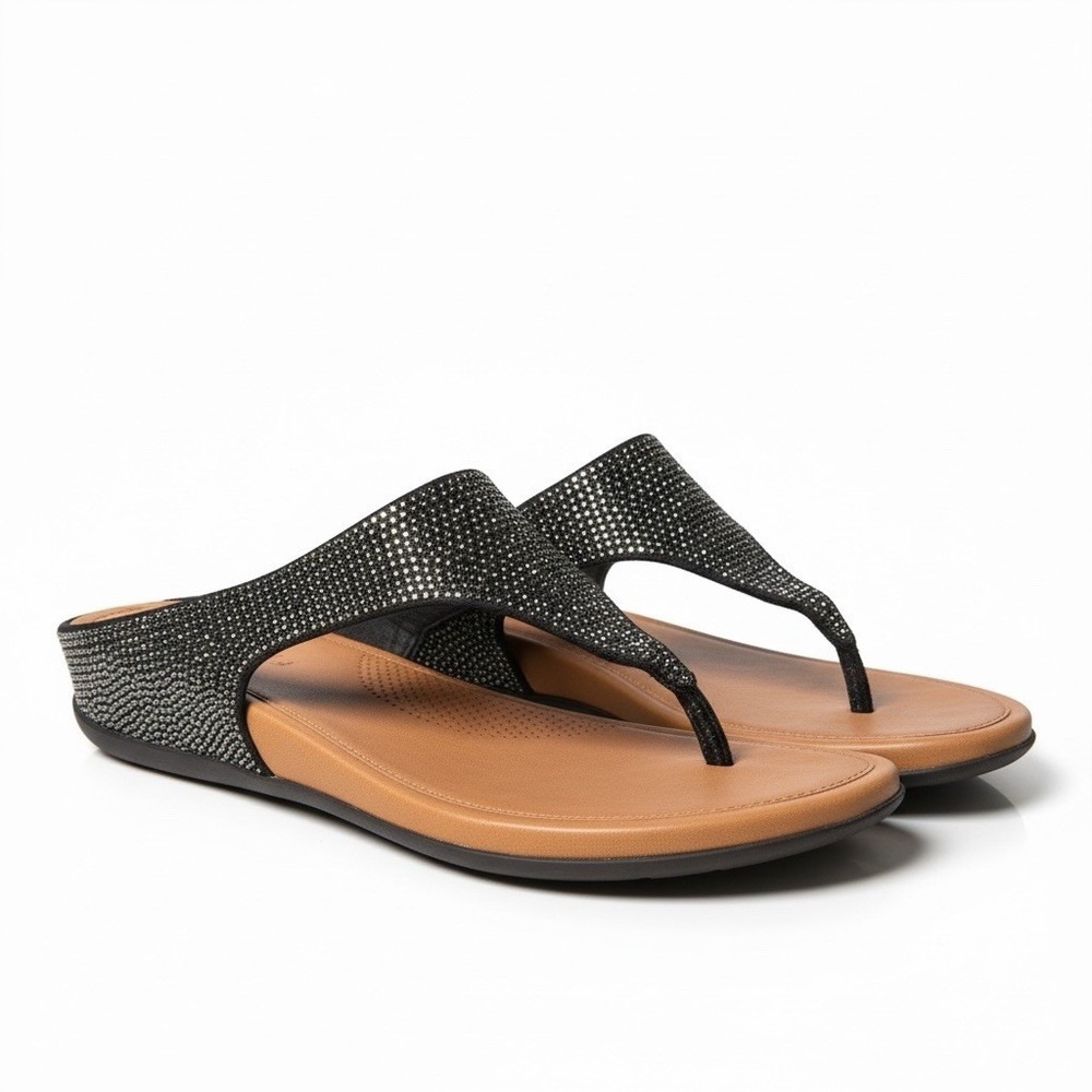 FitFlop Black Rhinestone Toe-Post Sandals with Tan Footbed
